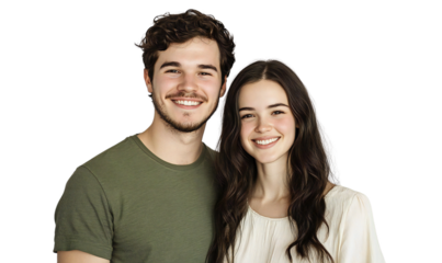 Happy young couple embracing, man with wavy dark hair and beard, woman with long brown hair, love and relationship concept