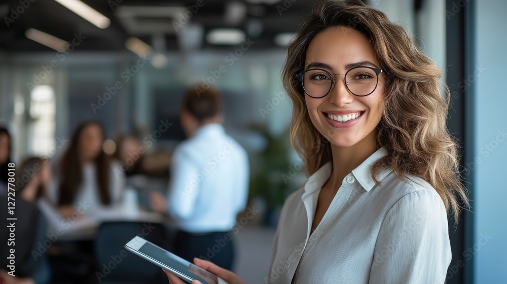 Aufkleber A confident business leader with a bright smile holds a tablet while surrounded by colleagues in a contemporary office. The atmosphere is collaborative and inspiring, showcasing teamwork