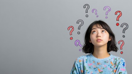 Young Asian Woman Contemplating Questions with Colorful Question Marks on Gray Background