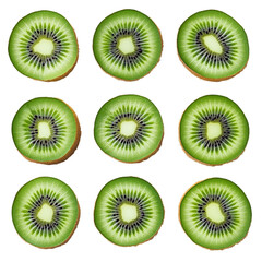 Fototapeta premium Nine juicy kiwi fruit slices on black background healthy food pattern