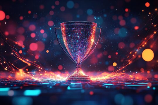 Digital Trophy Glows Brightly, Symbolizing Victory and Achievement in Competition, Celebrated Widely