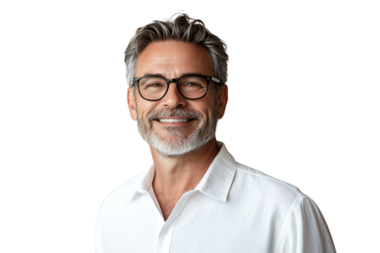 Smiling middle-aged man with salt-and-pepper hair and glasses, isolated on transparent background