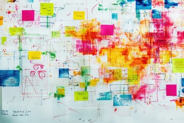 A vibrant abstract artwork featuring colorful paint strokes, geometric shapes, and handwritten notes on sticky notes.