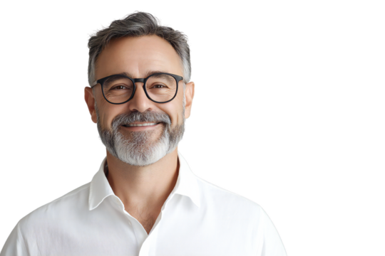 Smiling middle-aged man with salt-and-pepper hair and glasses, isolated on transparent background