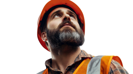Bearded construction worker wearing a hard hat and safety vest, isolated on transparent background