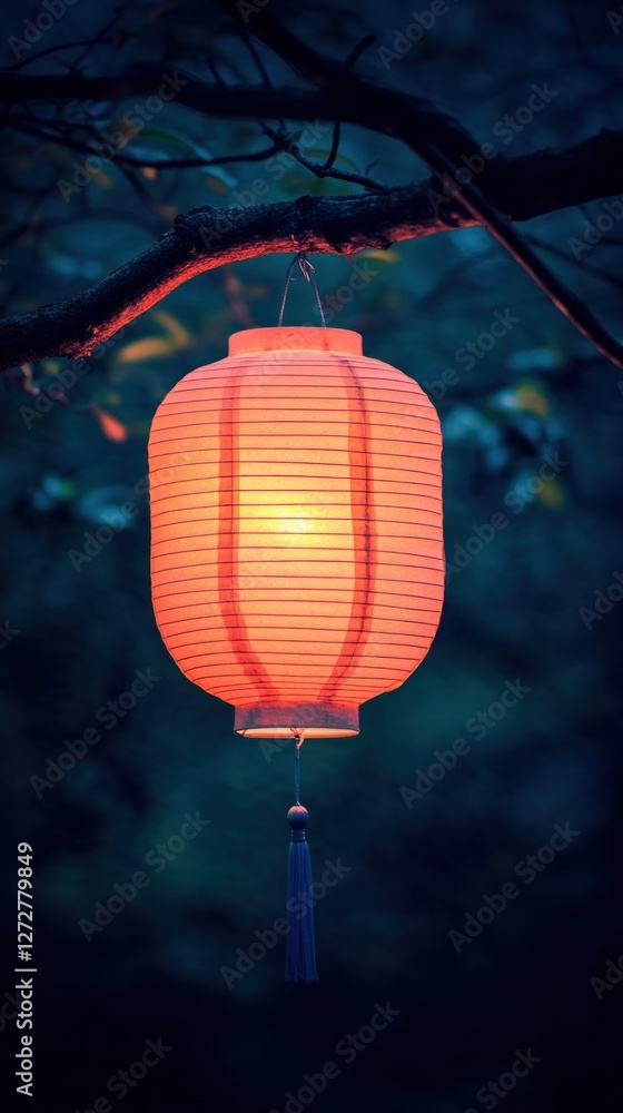 Poster a glowing red lantern hangs from a branch, illuminating the surrounding dark environment.