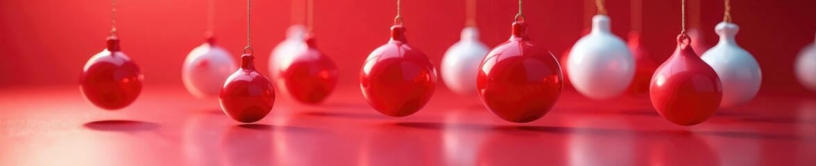 Fototapeta premium Hanging red and white balls with a shiny reflective surface, object, balls, hanging