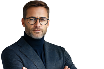 Confident middle-aged businessman wearing glasses and a turtleneck, isolated on transparent background