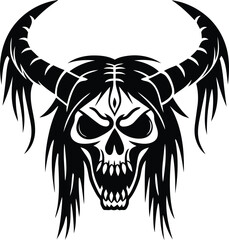 Angry mythical warrior skull silhouette vector illustration, mythical warrior skull line art vector design