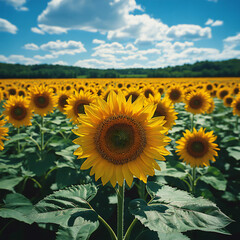 Fototapeta premium A peaceful sunflower field in full bloom, stretching as far as the eye can see