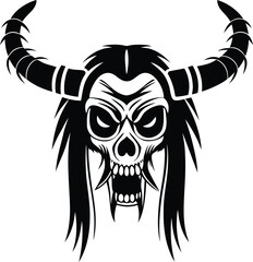 Angry mythical warrior skull silhouette vector illustration, mythical warrior skull line art vector design