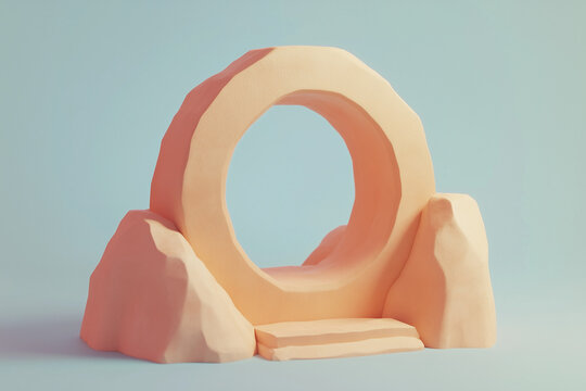 3D illustration of a futuristic sci-fi entrance gate with glowing lights on a pink background. A modern technology portal concept rendered in smooth pastel 3D design style.
