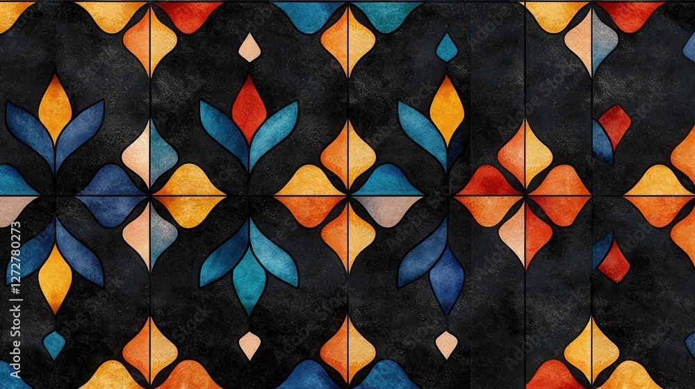 Poster captivating abstract geometric mosaic pattern with vibrant multicolored shapes and symmetrical desig