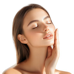 Serene young woman with flawless skin touching her face, isolated on transparent background
