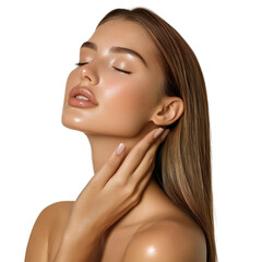 Serene young woman with flawless skin touching her face, isolated on transparent background