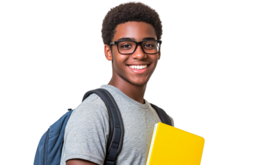 Smiling young student with glasses and backpack holding a book, isolated on transparent background
