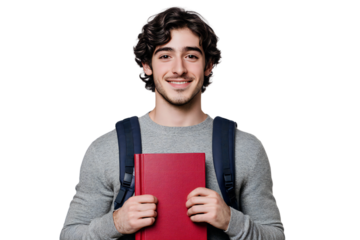 Smiling young male student with backpack holding a red book, isolated on transparent background