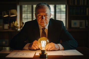 A mature man in a suit sits at a desk, illuminated by a vintage lightbulb, engrossed in documents, suggesting ideas or contemplation.