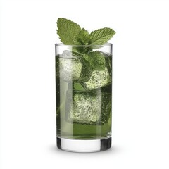 Refreshing green mint beverage with ice cubes served in a glass, bright background