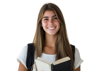 Smiling young female student holding a book, isolated on transparent background