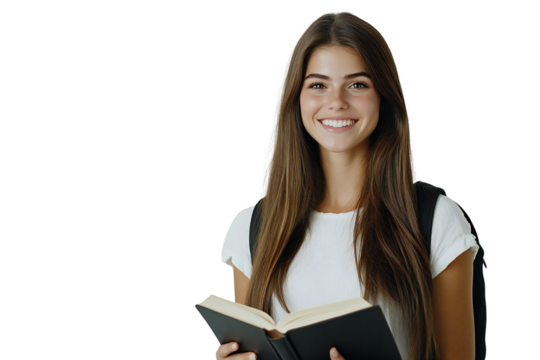 Smiling young female student holding a book, isolated on transparent background