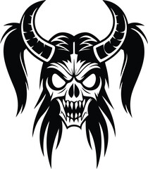 Angry mythical warrior skull silhouette vector illustration, mythical warrior skull line art vector design