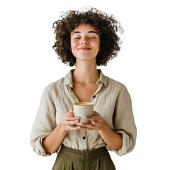 Smiling young woman enjoying a cup of coffee, isolated on transparent background