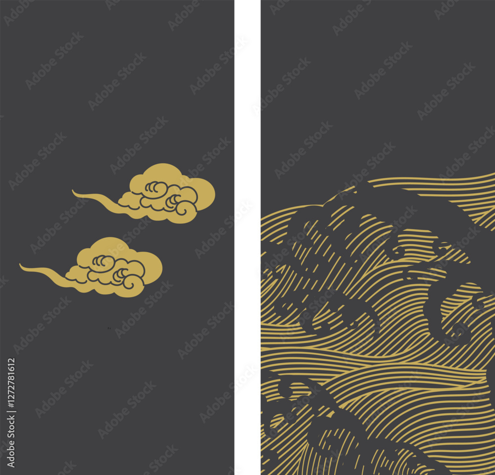 Wall mural brush stroke object with japanese wave and chinese cloud pattern vector. gold texture banner in vint