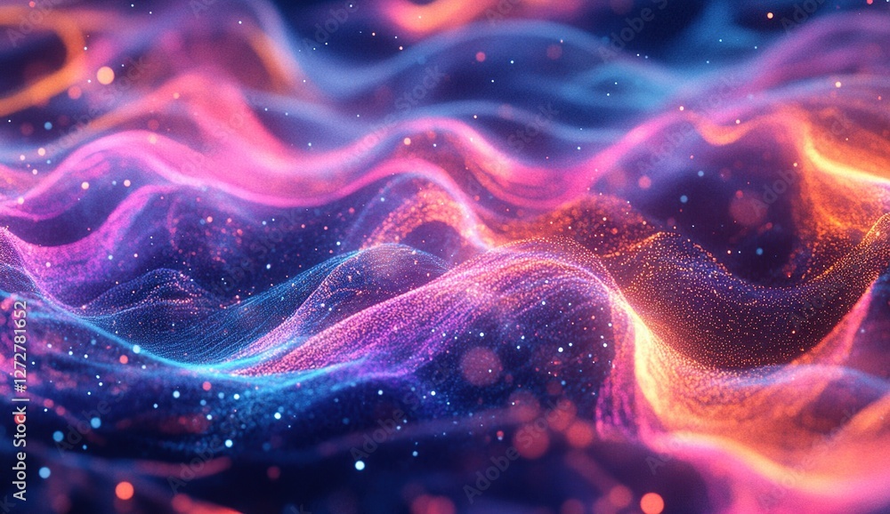Poster vibrant particle waves flowing dynamically across digital landscape with sparkling effects