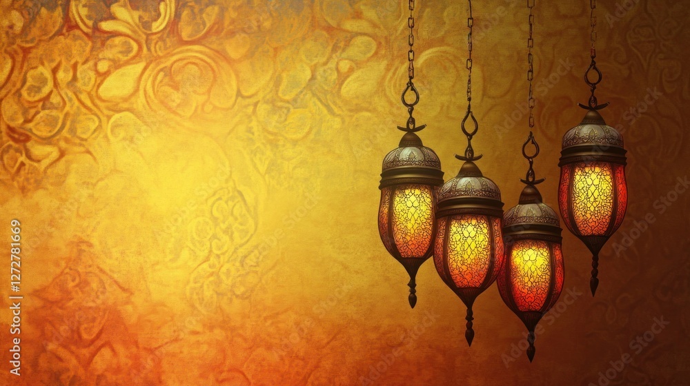 Poster a warm backdrop featuring ornate hanging lanterns, creating an inviting atmosphere.