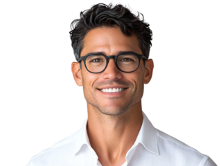 Smiling handsome man with glasses in a white shirt, isolated on transparent background
