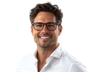 Smiling handsome man with glasses in a white shirt, isolated on transparent background