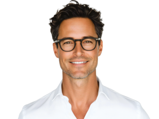 Smiling handsome man with glasses in a white shirt, isolated on transparent background