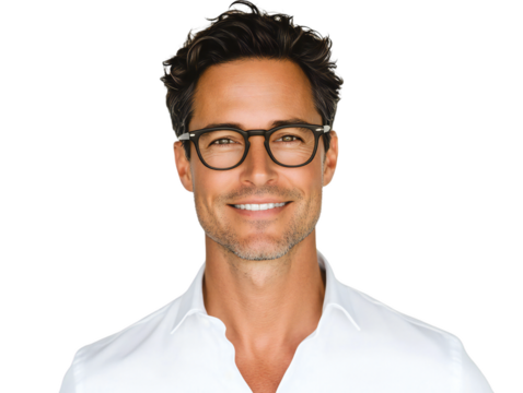 Smiling handsome man with glasses in a white shirt, isolated on transparent background