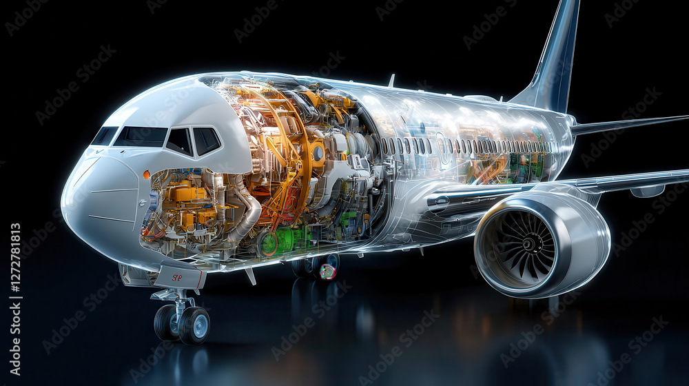 Aufkleber detailed x ray style illustration of modern passenger airplane, showcasing its intricate internal co