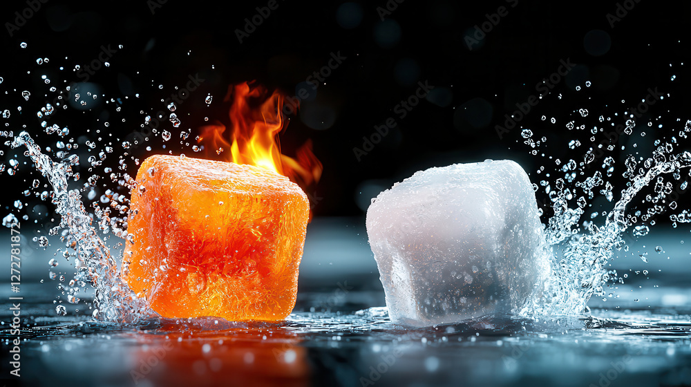 Poster fantasy themed depiction of ice cube ignited by flames, showcasing contrasting elements of fire and ice. scene captures dynamic splashes of water, creating visually striking effect