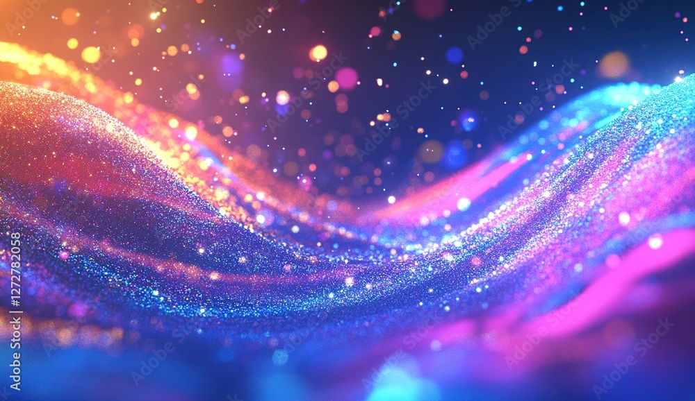Poster vibrant glittering particles flowing dynamically across a screen, creating a mesmerizing visual expe