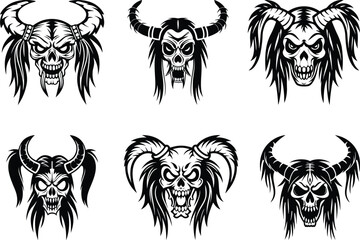 Angry mythical warrior skull set silhouette vector illustration, mythical warrior skull line art vector design