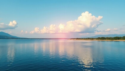 Horizon over lake with strip of land separating sky and water, horizon, waterway, calm