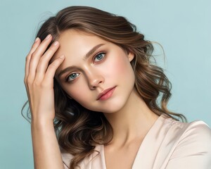 Fototapeta premium a young woman poses with a thoughtful expression, touching her forehead gently. She looks directly at the viewer, exuding an air of calm beauty.