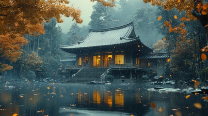Obraz premium serene Zen temple surrounded by autumn leaves, Generative AI