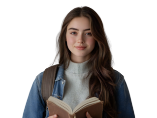 Smiling young female student holding a book, isolated on transparent background