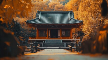 Fototapeta premium serene Zen temple surrounded by autumn leaves, Generative AI