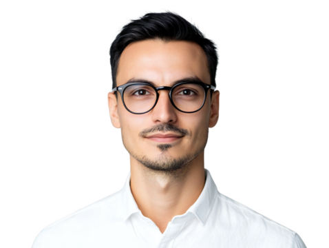 studio portrait of a confident man wearing glasses and a white shirt