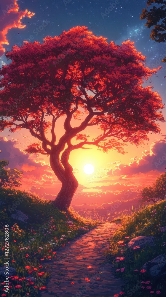 Poster tree in a field surrounded by colorful flowers on a clear day with soft gradient background