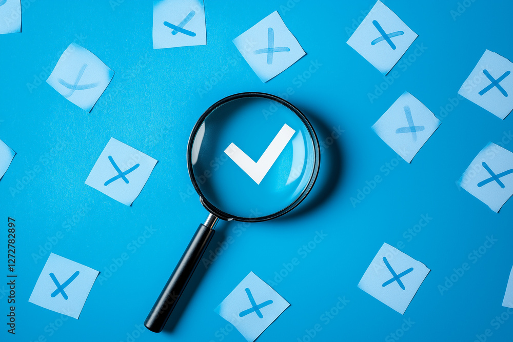 Poster a magnifying glass emphasizing a white check mark among crossed out icons on a blue background. qual