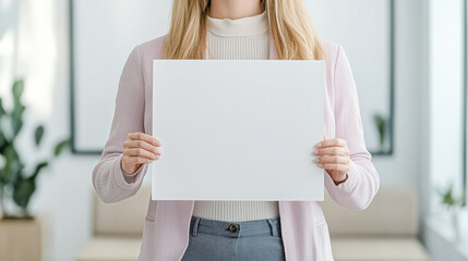 Professional woman holding blank sign in modern office space