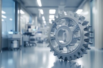 A metallic gear rests on a sleek floor in a modern, blurred medical facility background, symbolizing medical technology or precision.