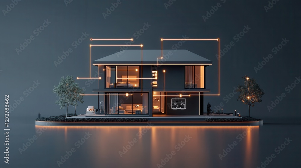 Poster integrating smart home technology in a modern villa using iot and ai urban setting architectural des