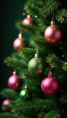 Pink and green glass ornaments cascade down a shining fir tree, Festive Glass Ornaments, Green Glass Ornaments, Christmas Tree Ornaments